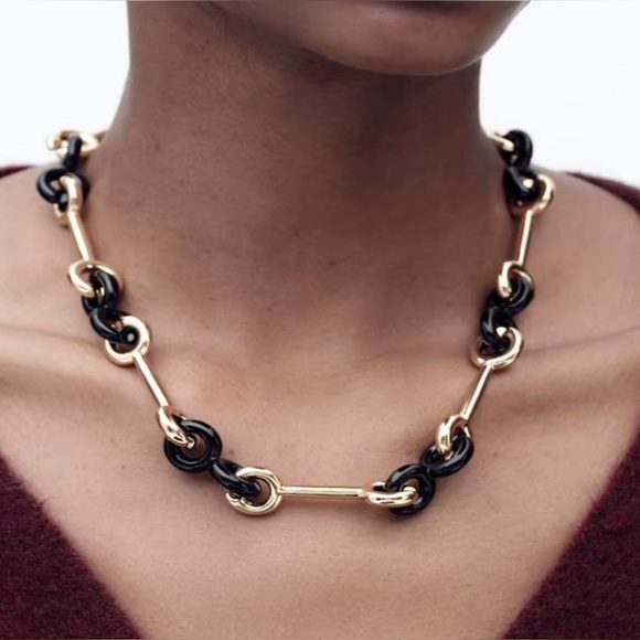 Natasha Jewelry - Natasha Accessories link collar necklace set in gold-tone hardware black accent